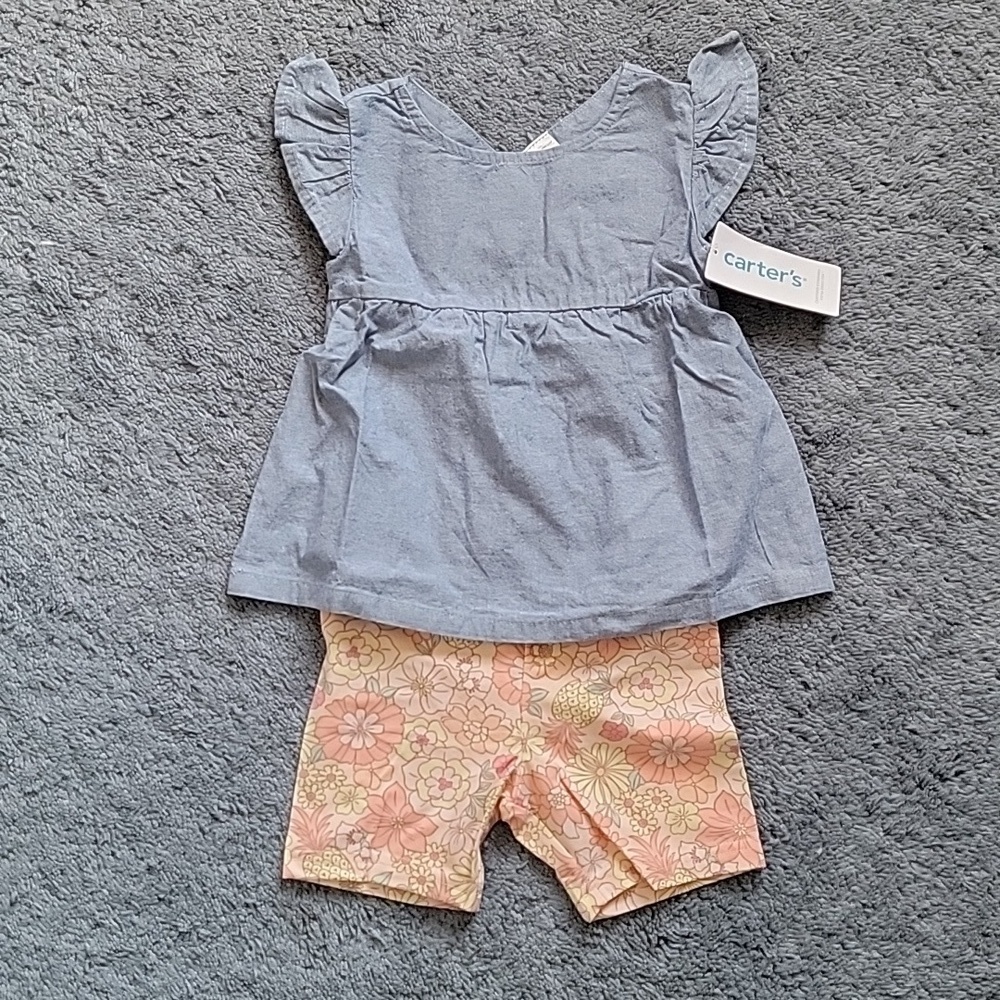 Carter's little girls 24 months 2 piece shirt and short set. NWT. Blue and pink.